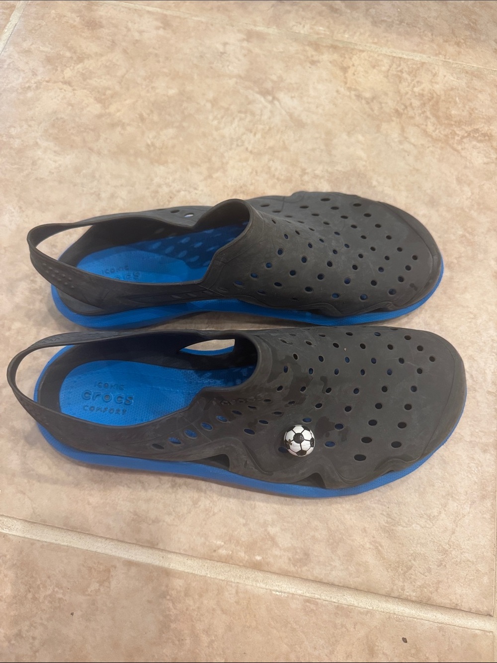 CROCS Black and Blue Kids Slip-On Clogs with Soccer Charm